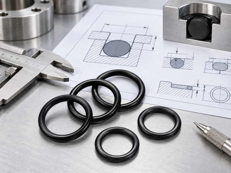 O-ring groove design engineering diagram with black rubber seals