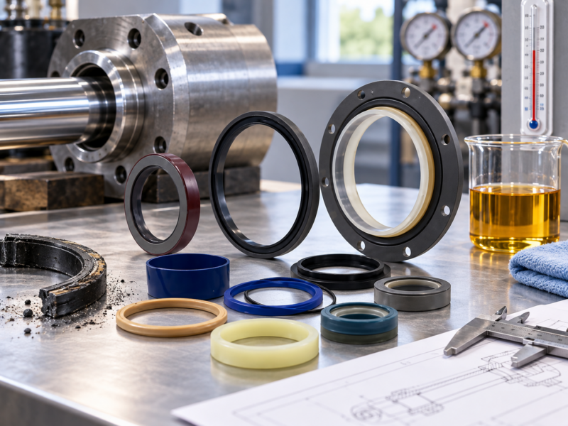 Hydraulic seal materials selected for pressure, temperature, wear and fluid compatibility