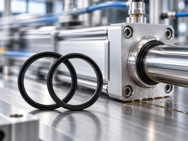 Black pneumatic sealing rings beside a cylinder rod assembly